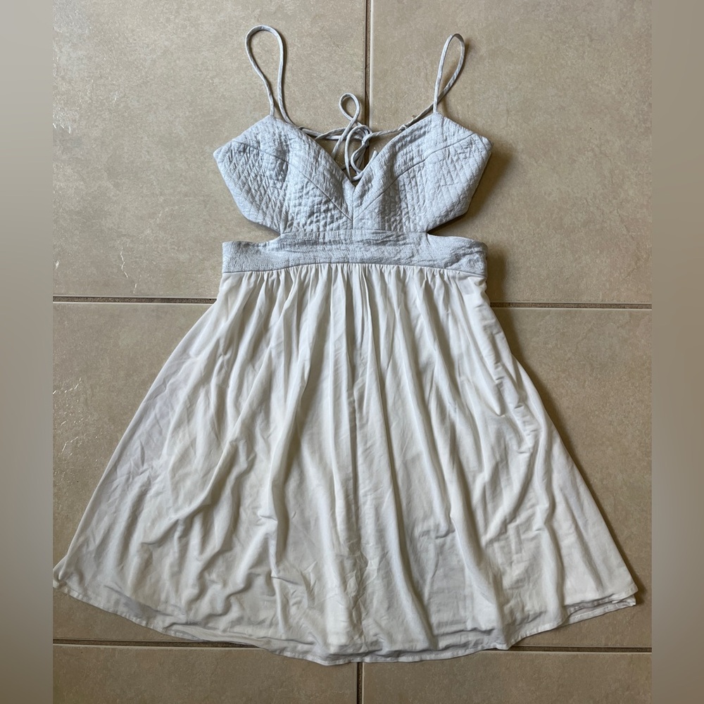 BCBG MAXAZRIA Sleeveless Fit & Flared Cutout Dress Silvery Gray & Ivory Sz 0
